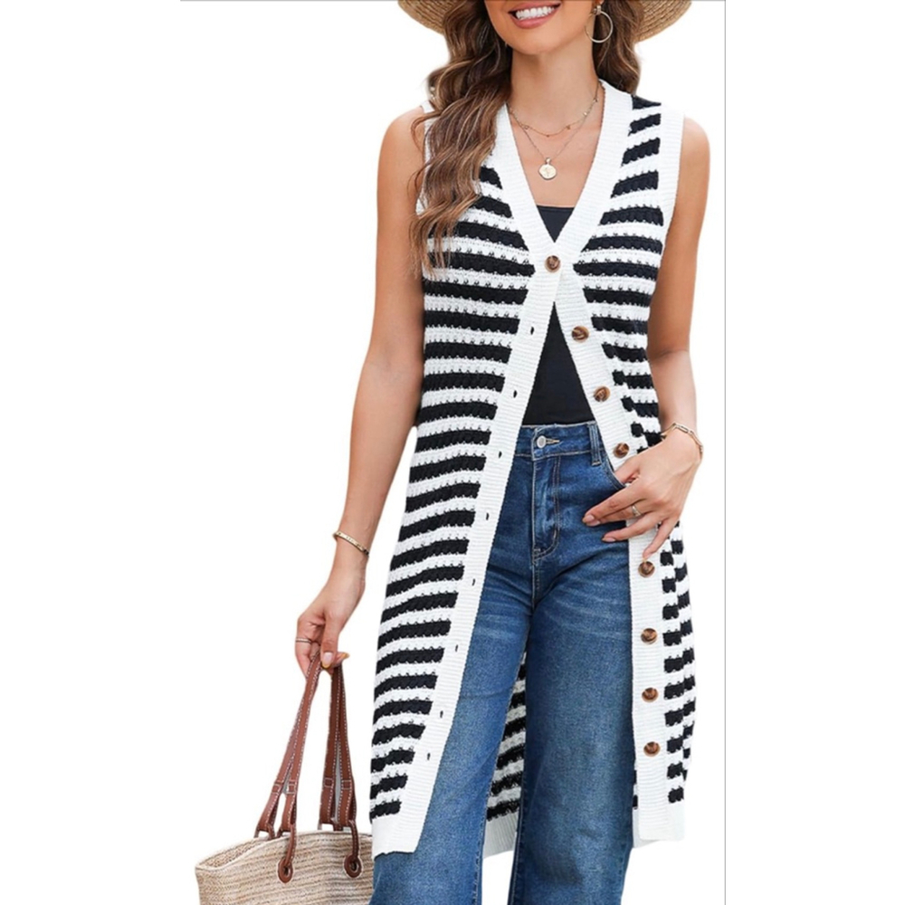 NEW V Neck Striped Fall Sweater Vest Duster Sleeveless Button Cardigan M